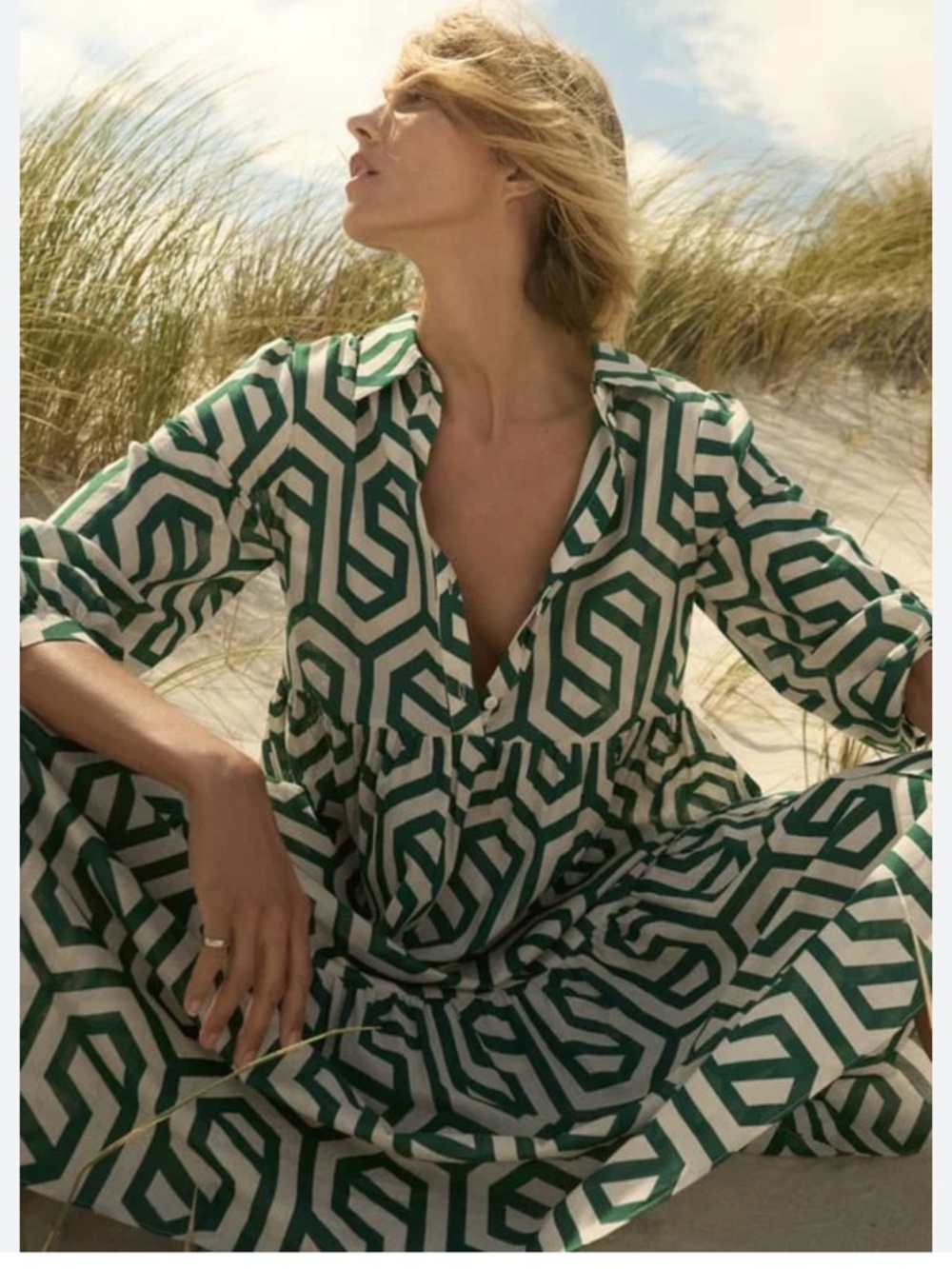 Zara White and Green Geometric Tiered Midi Shirt Dress